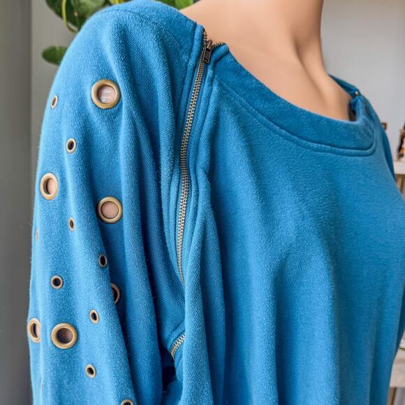 Venus Lightweight Teal Sweatshirt w/ Brass Grommet Holes & Zippers-Women's 3XL - Picture 3 of 11
